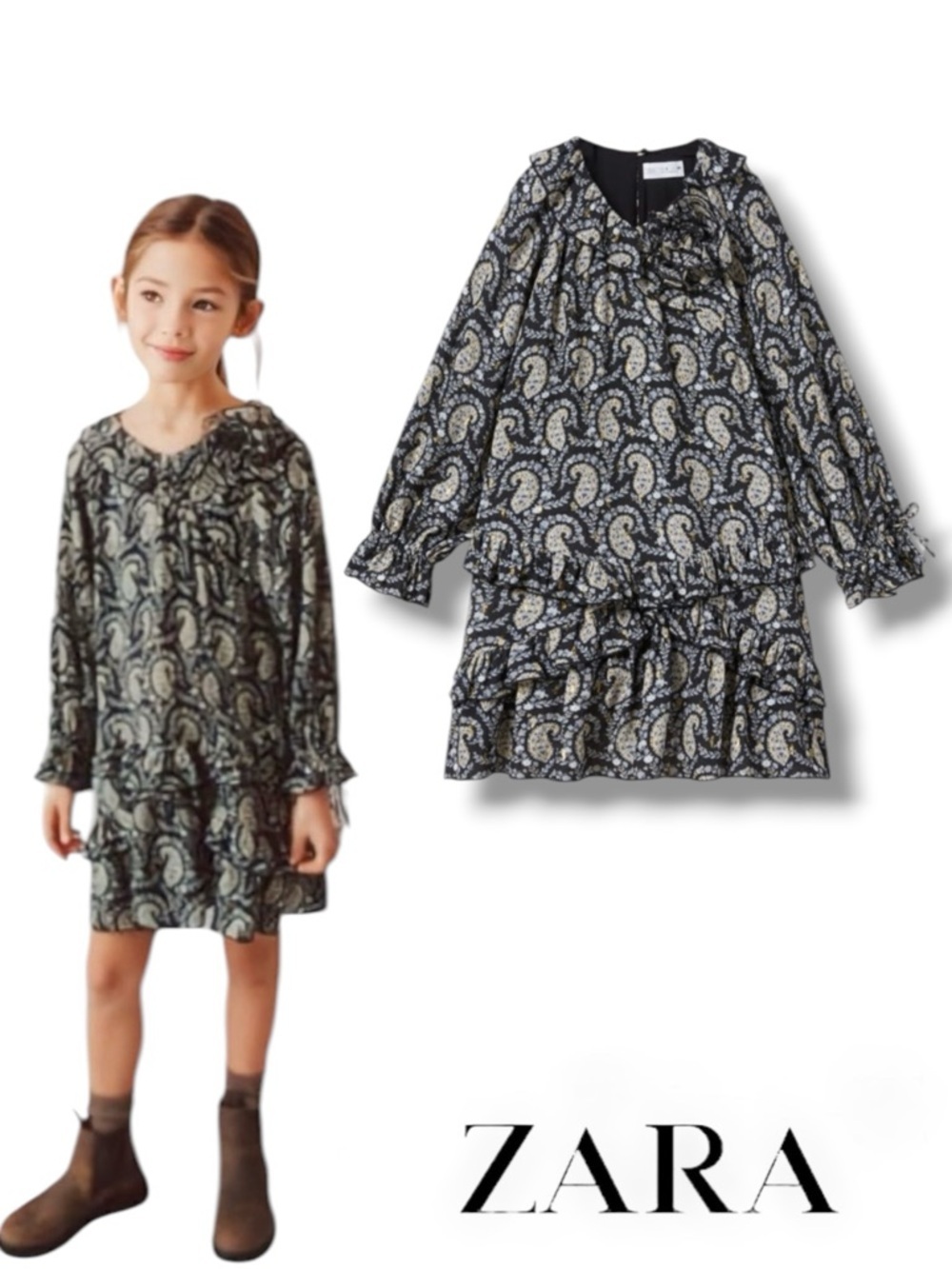 ZARA Kids Black Blue Paisley Ruffle Dress NWT Sizes 6 7 14